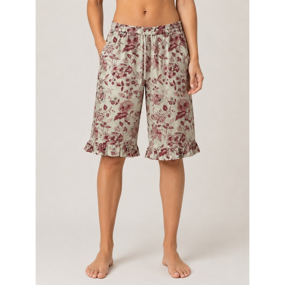 Sundance Women Red Floral Toile Ruffle Pajama Shorts Cream Size‎ S Elastic Waist